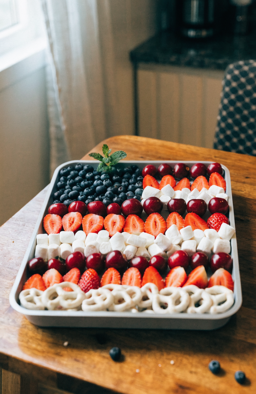 American flag snack tray on a rimmed tray with blueberries forming the canton and halved strawberries as red stripes