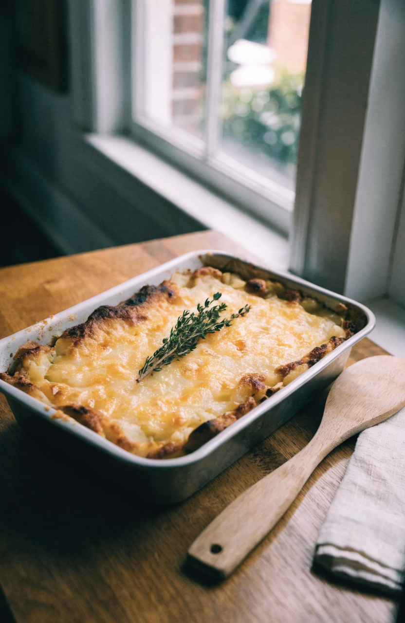 Shallow baked potato gratin with golden Gruyère top and thyme garnish