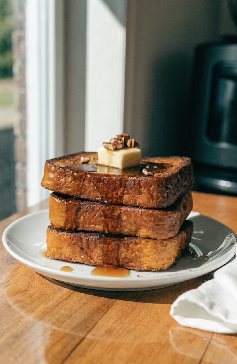 Stack of pumpkin french toast on a white plate with maple syrup and pecans