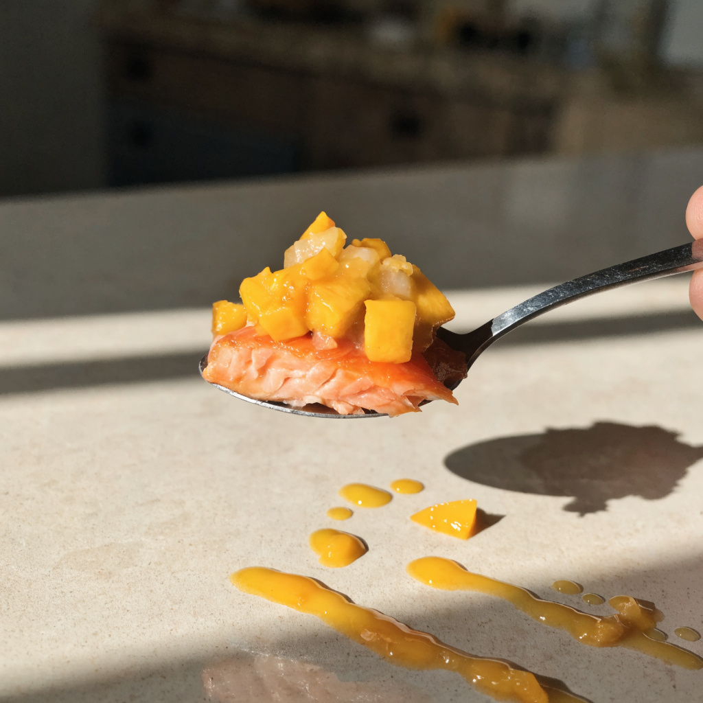 Close-up of seared salmon with fresh mango salsa