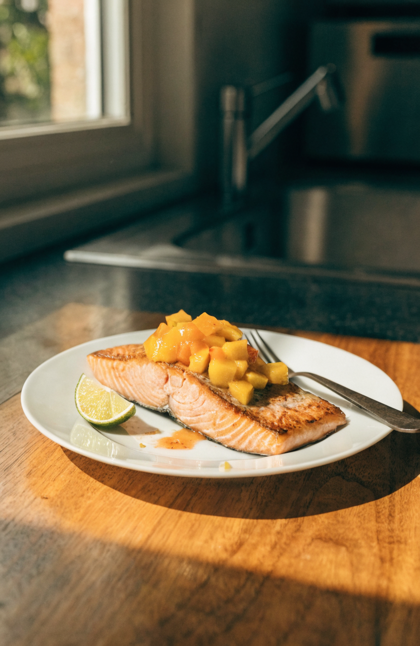 Seared salmon with mango salsa on a white plate garnished with cilantro and lime