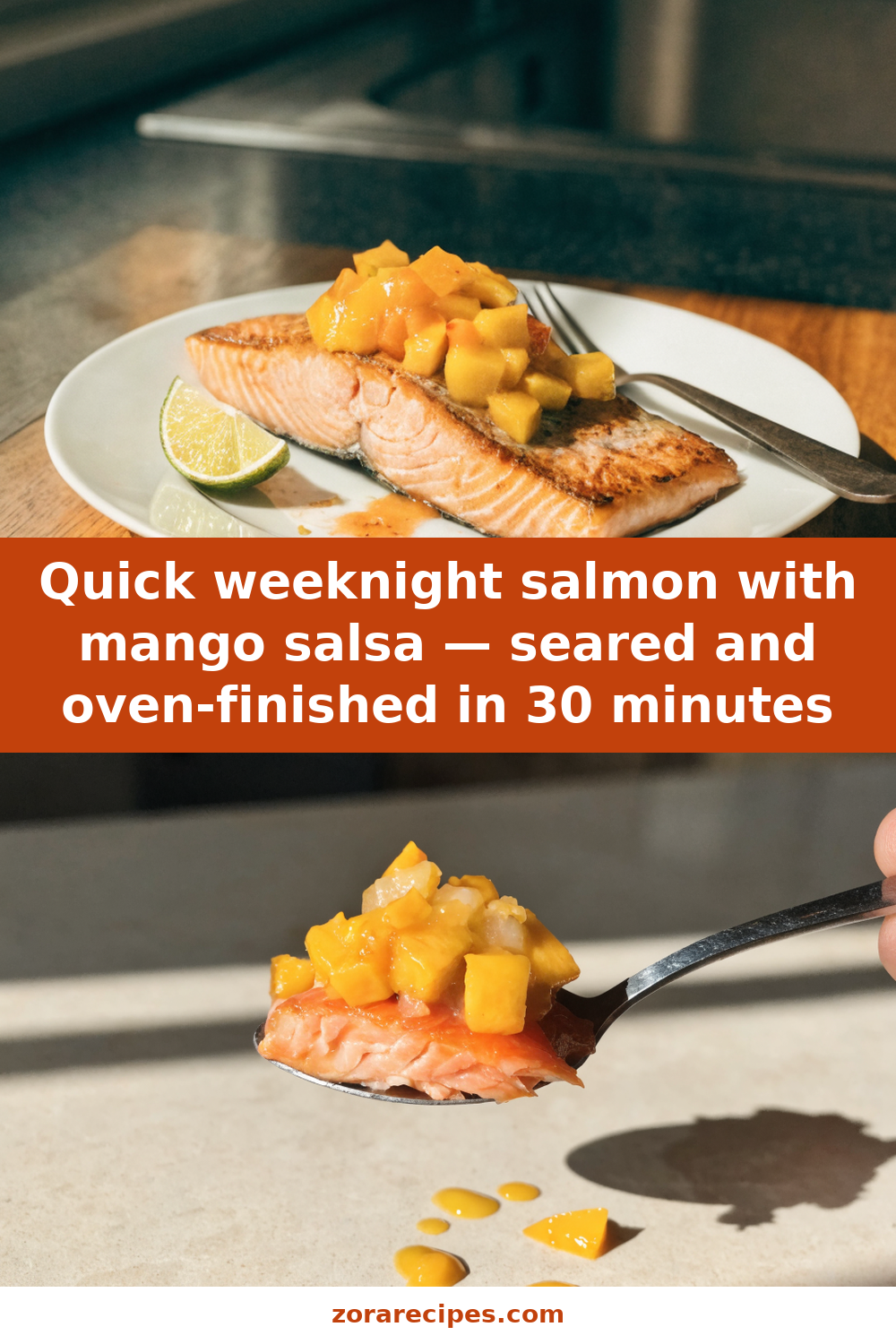Quick weeknight salmon with mango salsa — seared and oven-finished in 30 minutes Pinterest recipe pin