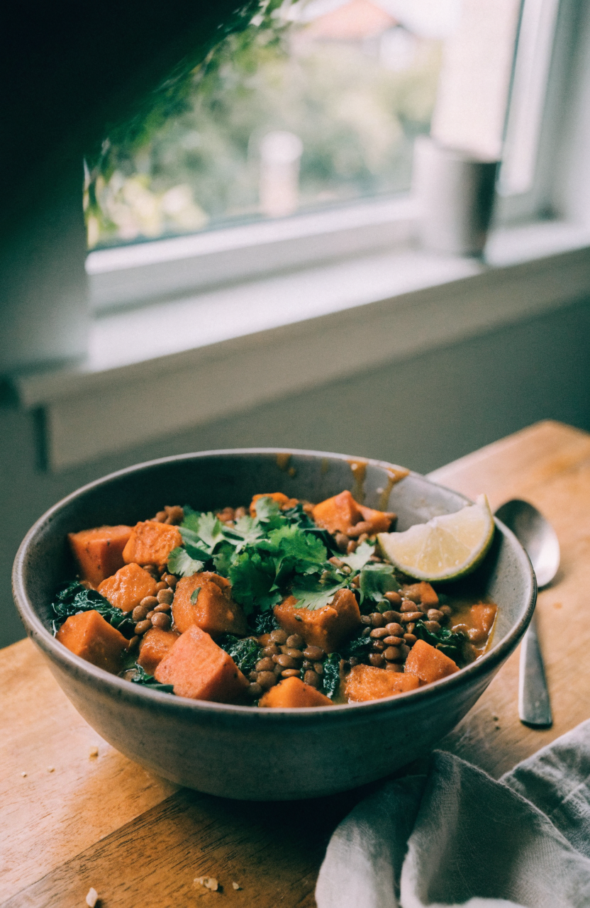 Bowl of sweet potato coconut stew with lentils and kale showing creamy broth and cilantro garnish