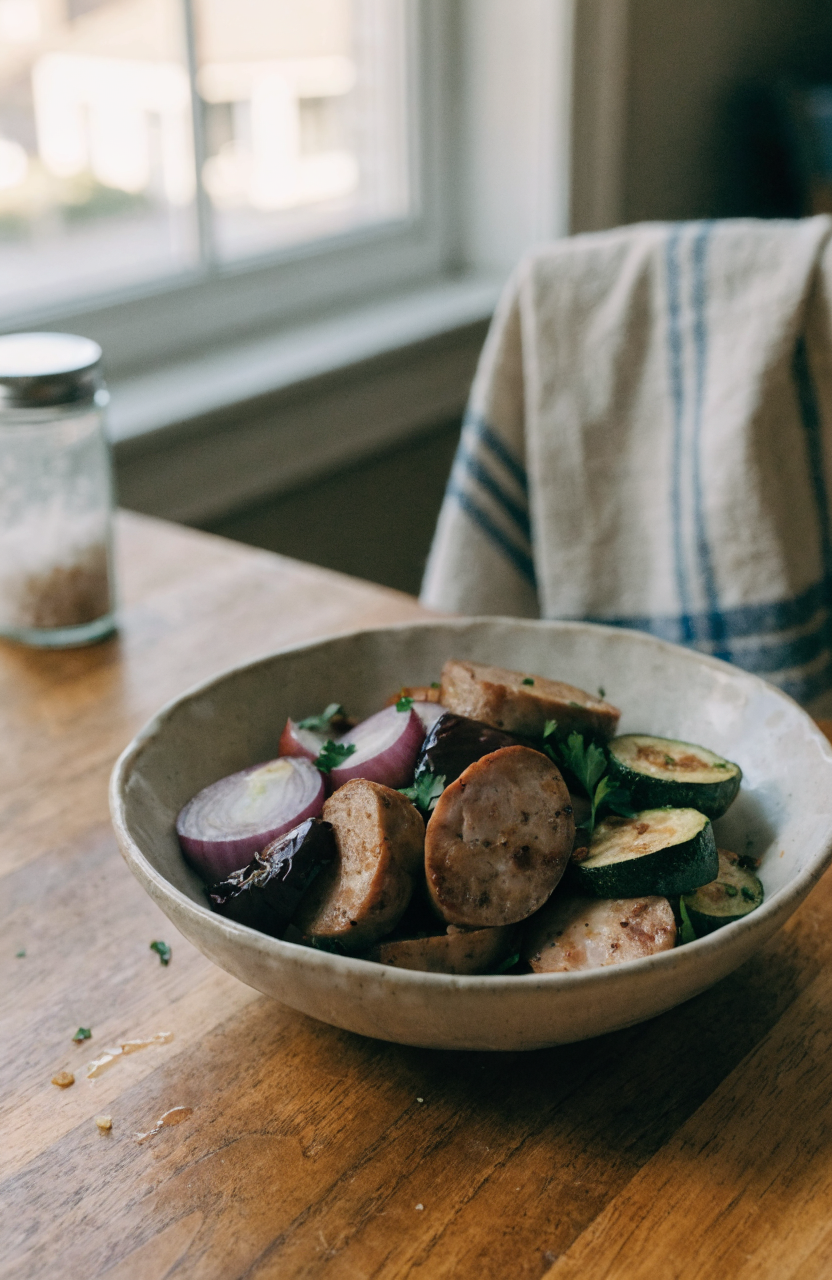 A shallow bowl of air fryer chicken sausage with crisp-tender vegetables and parsley, showing seared edges and vibrant colors