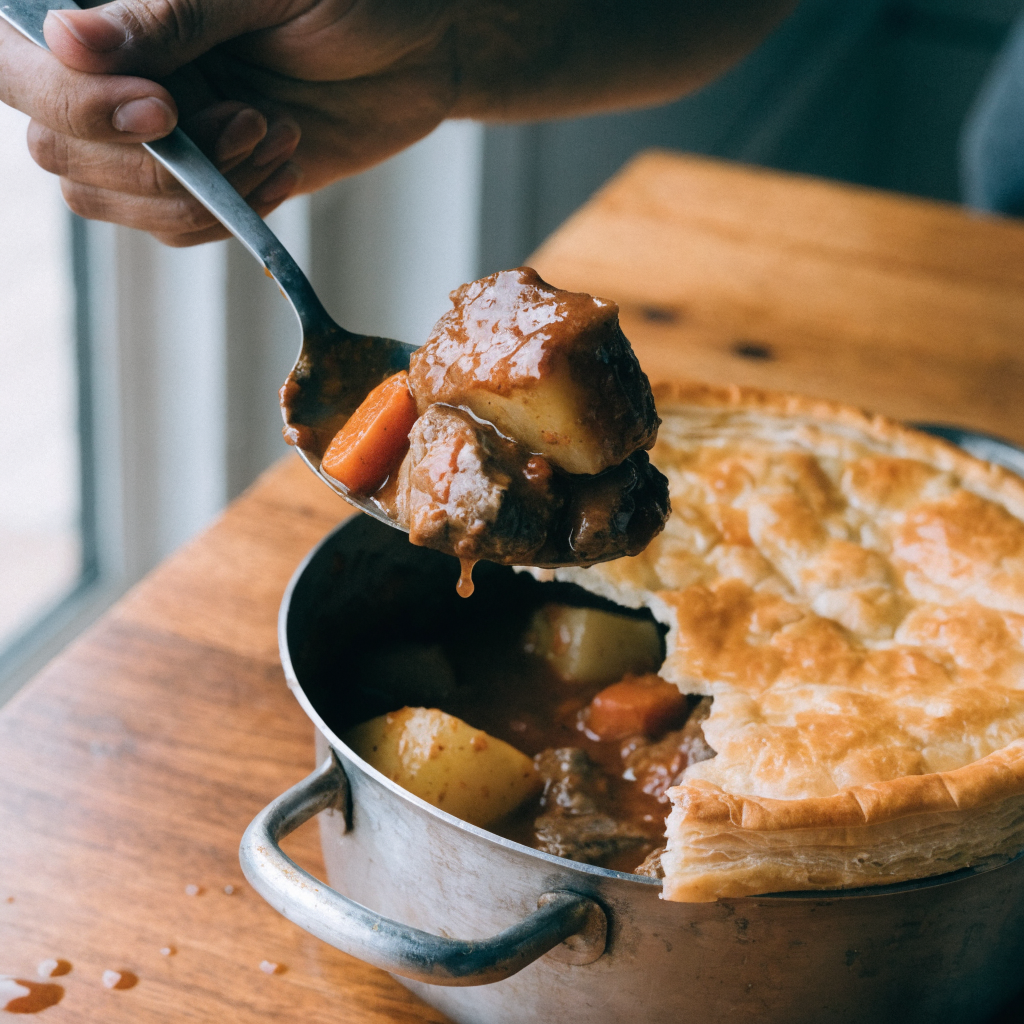 Close-up of stovetop-reduced beef pot pie with puff pastry lid