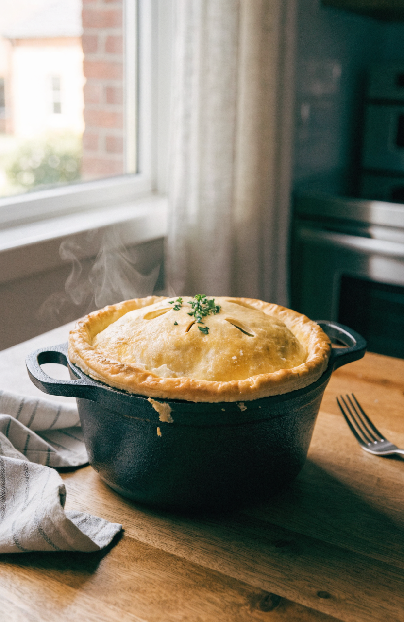 Hearty beef pot pie with golden puff pastry lid and parsley garnish, served in a shallow skillet