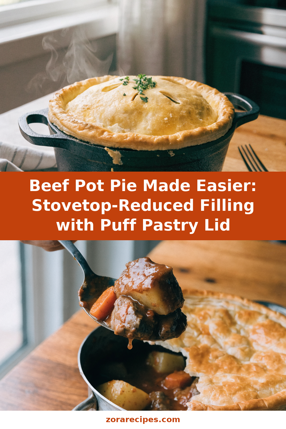 Beef Pot Pie Made Easier: Stovetop-Reduced Filling with Puff Pastry Lid Pinterest recipe pin