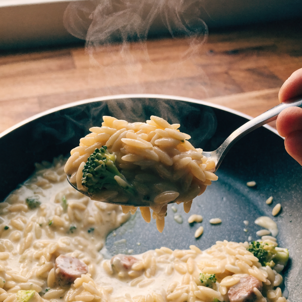 Close-up of one-pan creamy orzo dinner with chicken sausage and broccoli