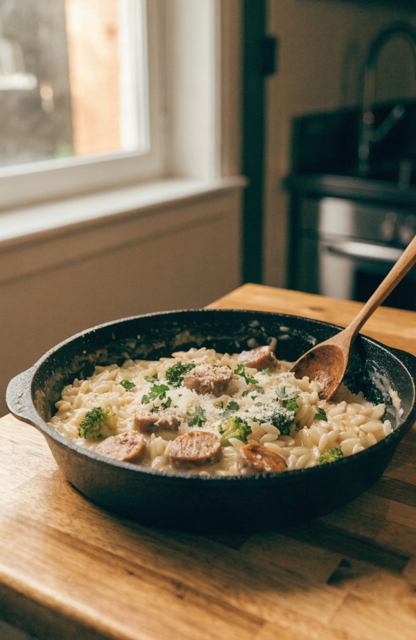 Creamy orzo dinner with chicken sausage and broccoli in a skillet best orzo dinner