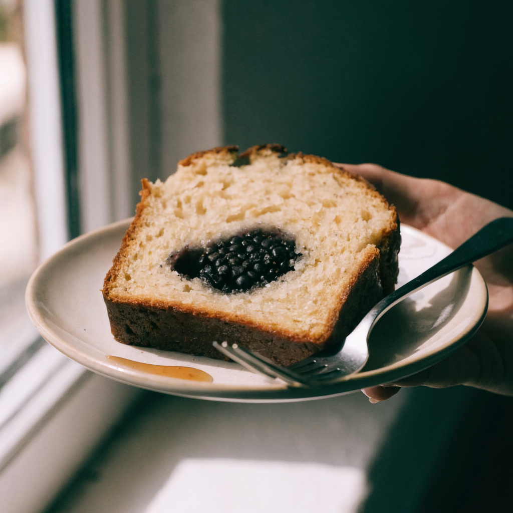 Close-up of blackberry lemon bread with glaze