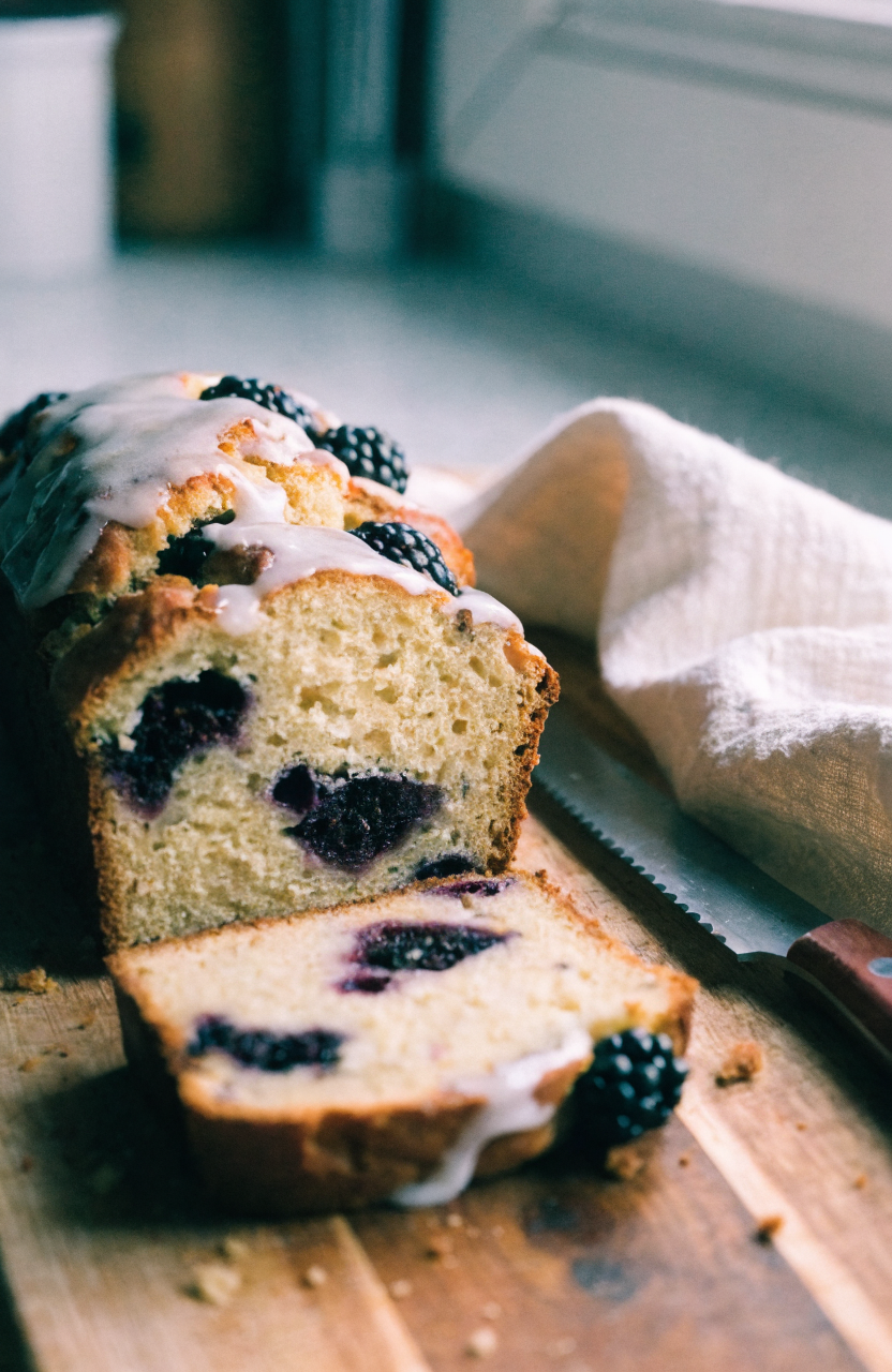 Sliced blackberry lemon bread with glaze on a wooden board showing blackberry pockets and lemon zest