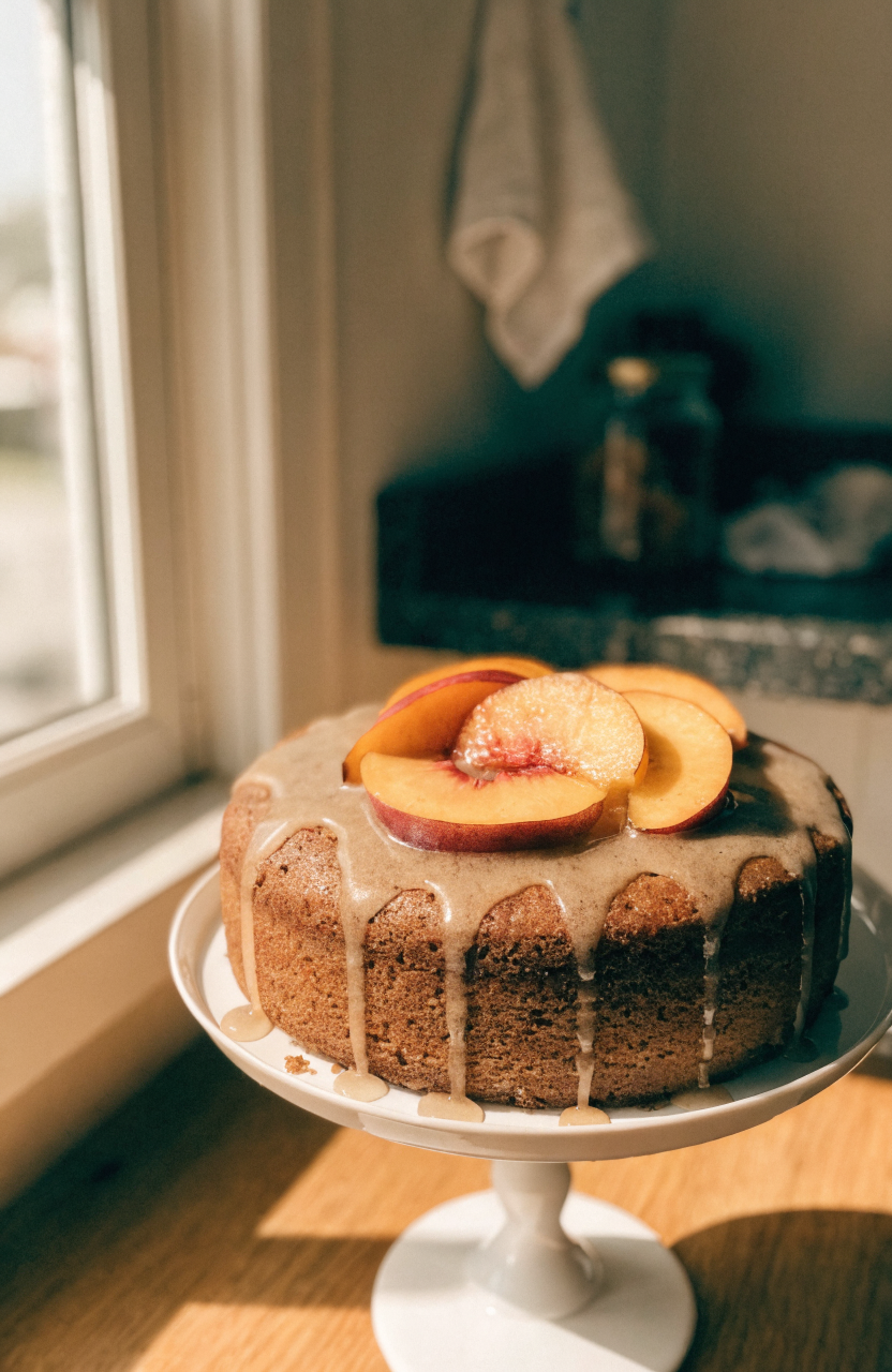 Brown sugar peach cake on a white plate with sliced peaches and glaze