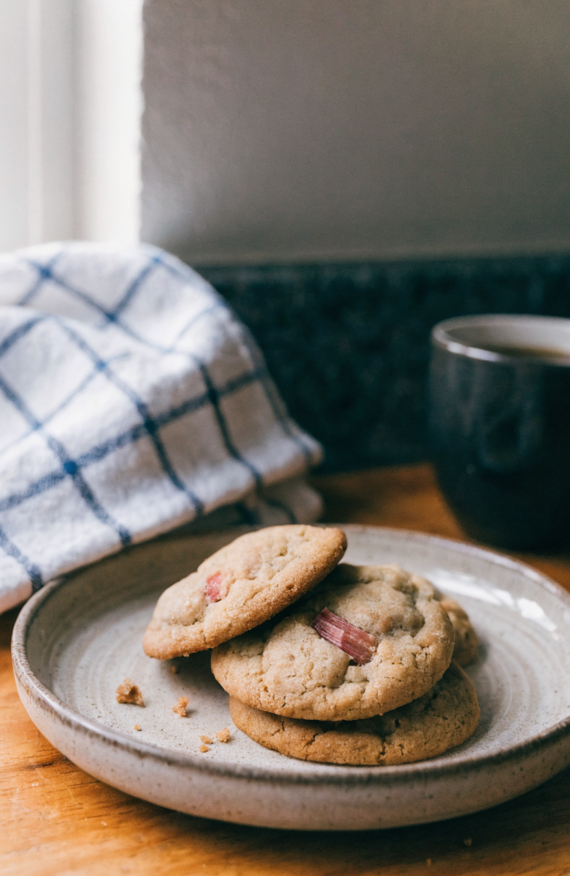 Stack of brown sugar rhubarb cookies on a ceramic plate with visible rhubarb pieces and a sprinkle of coarse sugar