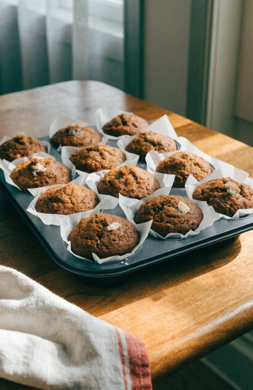 Carrot cake zucchini muffins in a parchment-lined muffin tin with a few crumbs and a sprig of mint