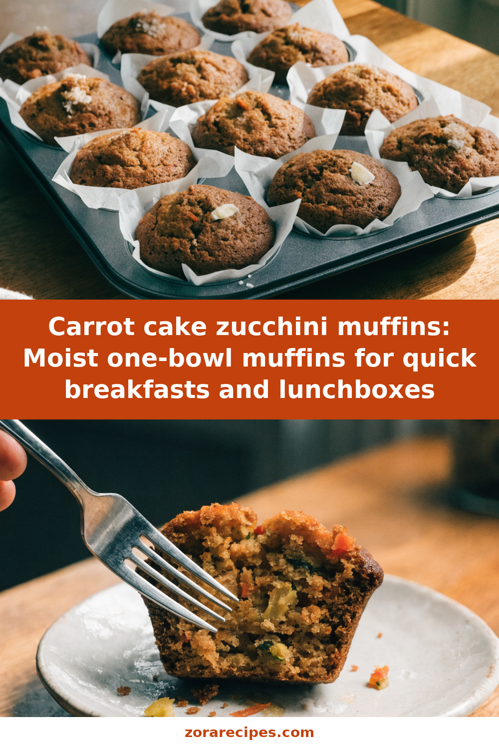 Carrot cake zucchini muffins: Moist one-bowl muffins for quick breakfasts and lunchboxes Pinterest recipe pin