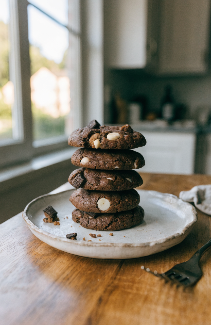 Plate of cookies and cream cookies piled on a ceramic plate with white chocolate chips and cookie crumbs
