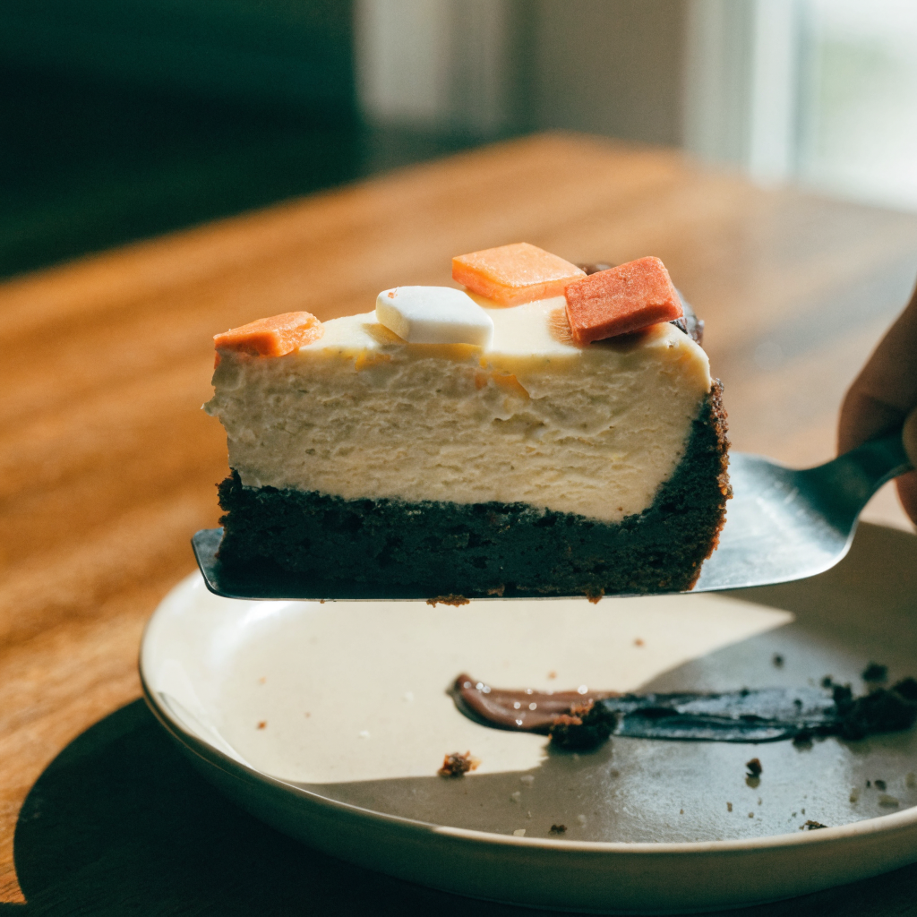 Close-up of cosmic brownie cheesecake