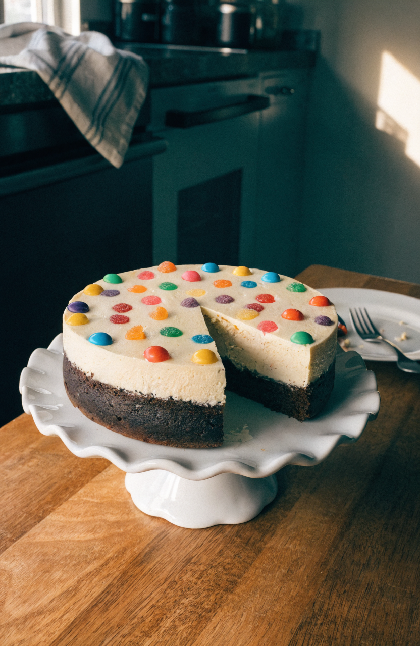 Slice of cosmic brownie cheesecake with candy pieces on top on a white plate, visible layers