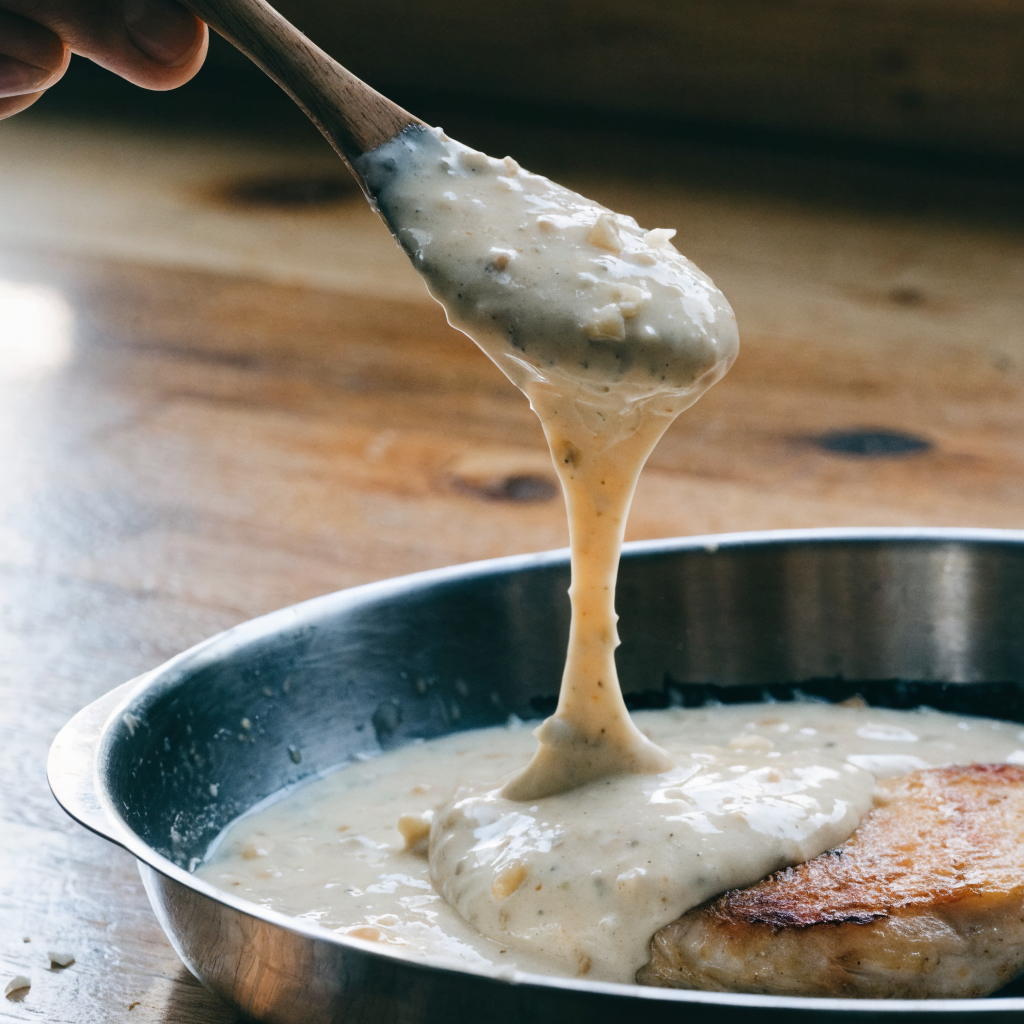 Close-up of creamy garlic chicken skillet