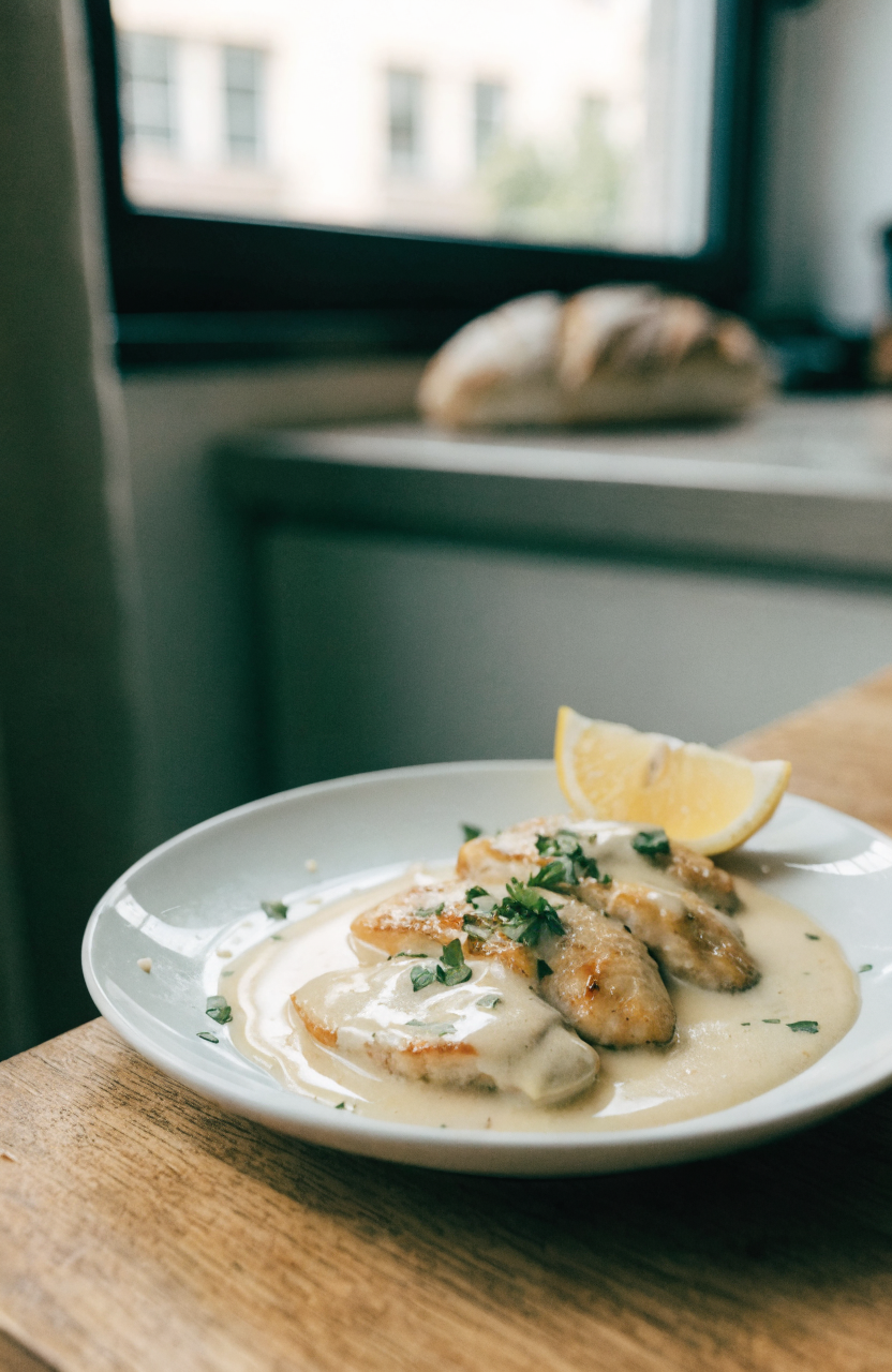 Sliced creamy garlic chicken on a white plate with sauce and parsley, glossy finish