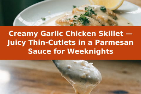 Creamy Garlic Chicken Skillet — Juicy Thin-Cutlets in a Parmesan Sauce for Weeknights Pinterest recipe pin