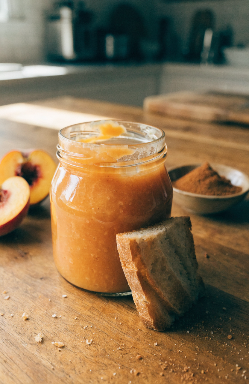 Jar of crockpot peach butter spread on toast with fresh peach slices and a sprig of thyme next to the jar