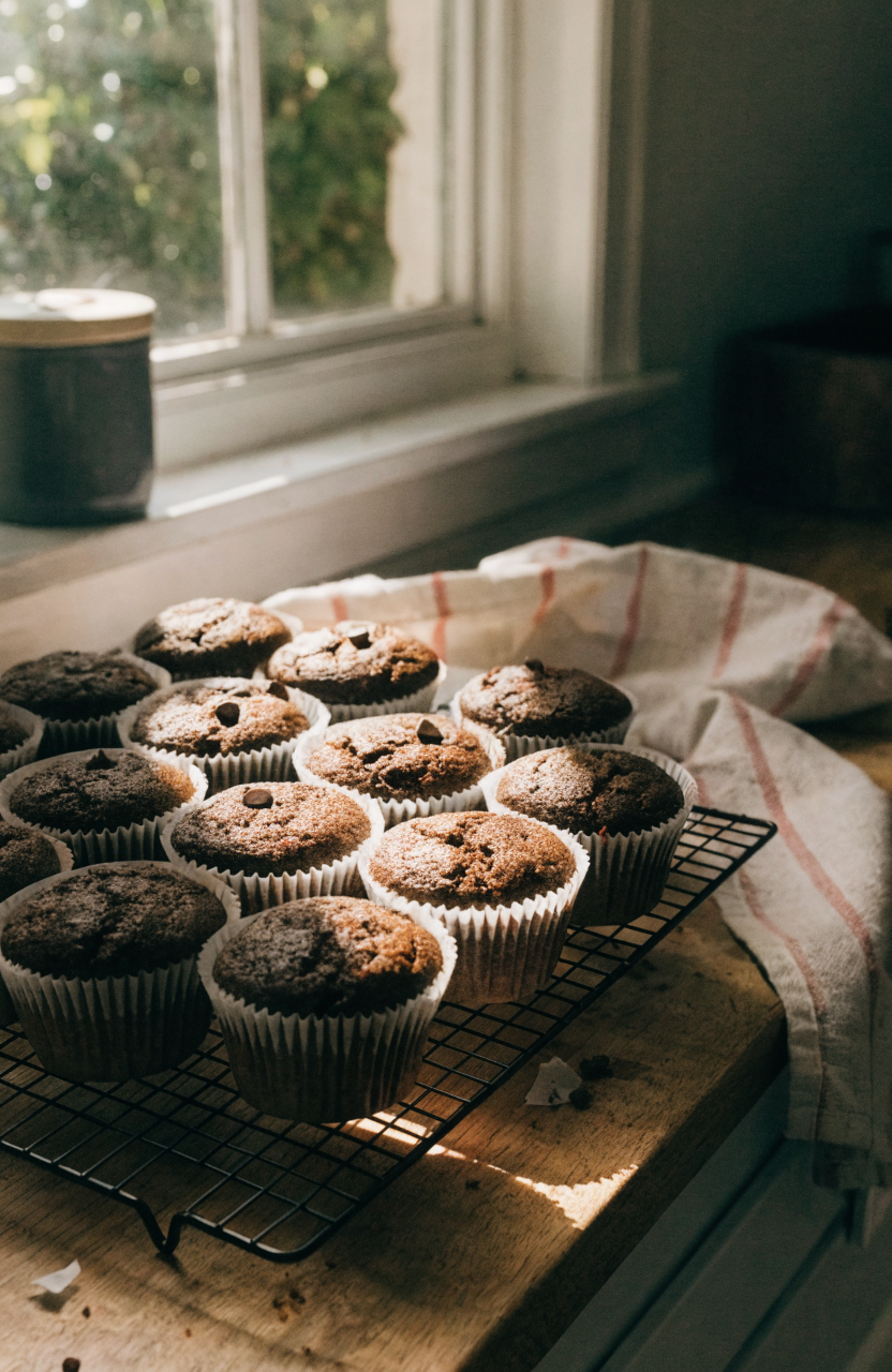 double chocolate zucchini muffins on a cooling rack with a few chocolate chips showing