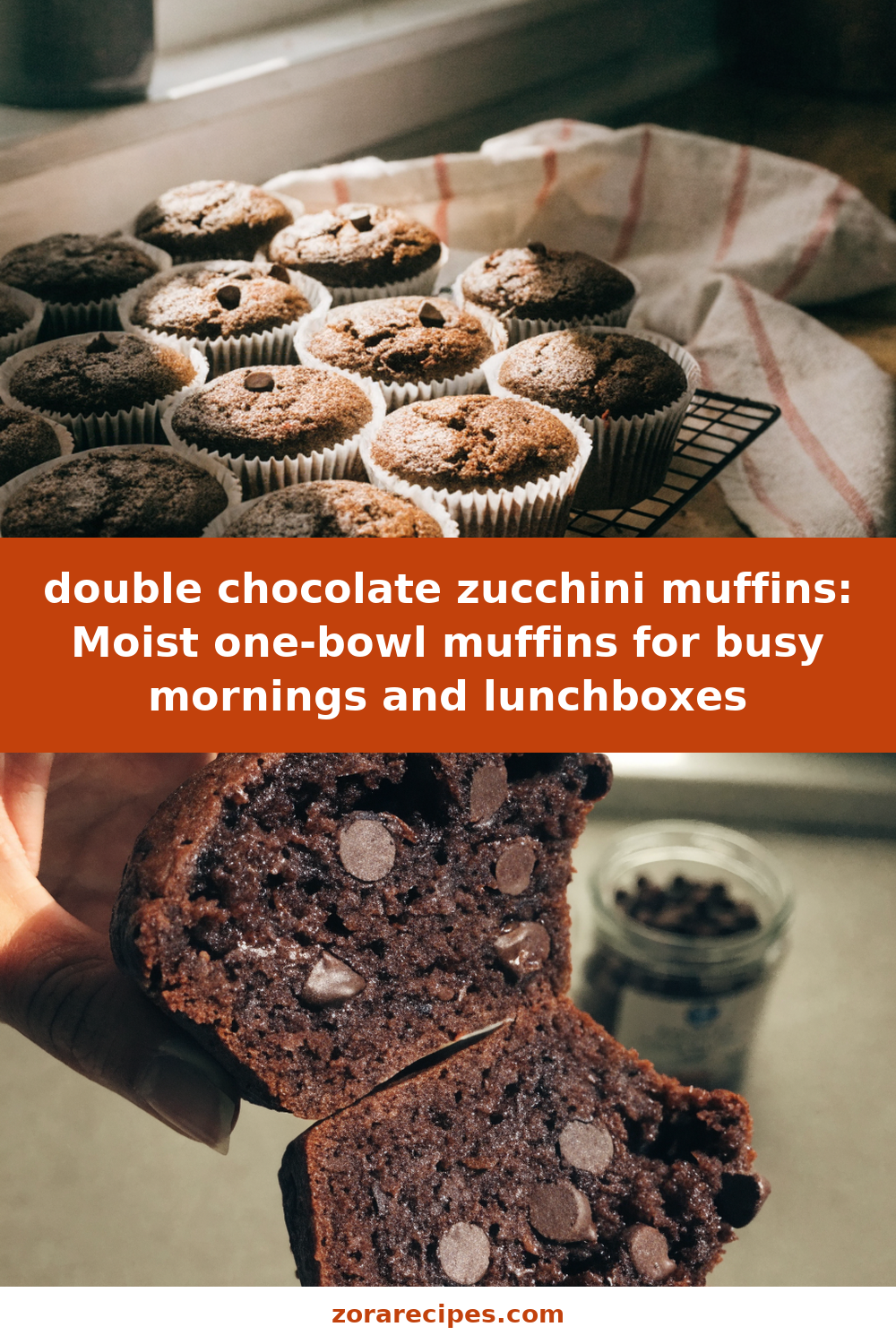 double chocolate zucchini muffins: Moist one-bowl muffins for busy mornings and lunchboxes Pinterest recipe pin