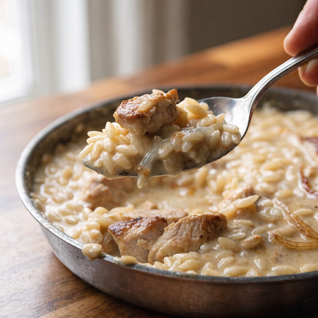 Close-up of french onion chicken orzo casserole