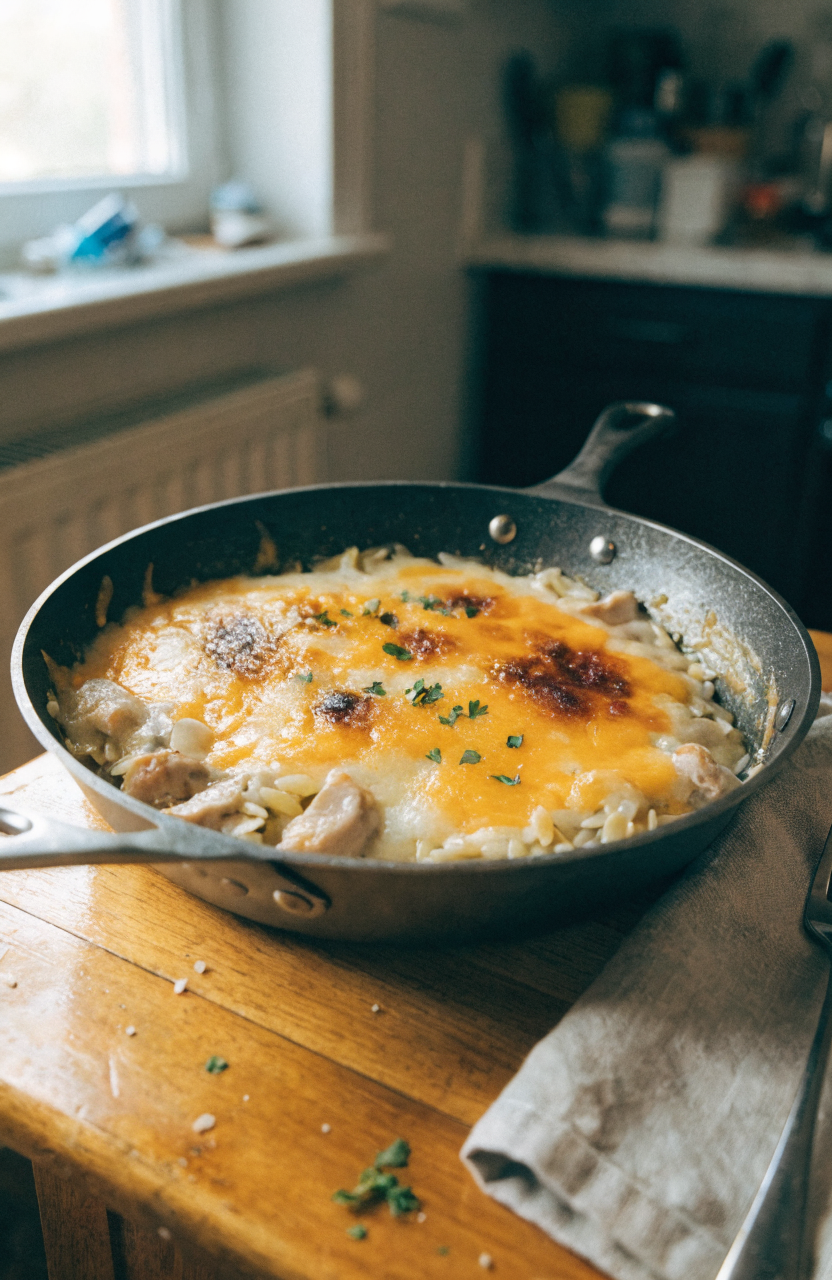 Baked French onion chicken orzo casserole in a shallow skillet with melted cheese and parsley