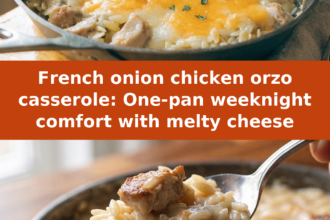 French onion chicken orzo casserole: One-pan weeknight comfort with melty cheese Pinterest recipe pin