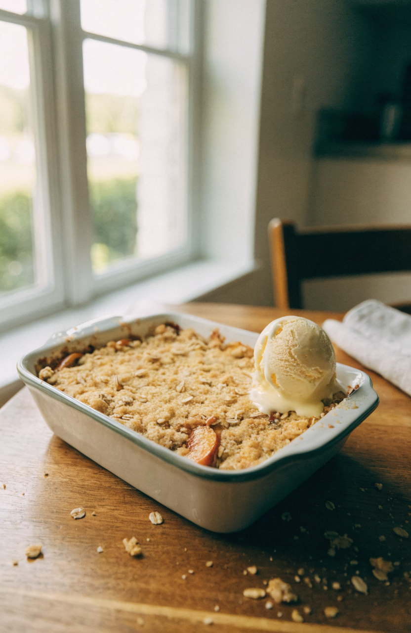 Warm peach crisp recipe served in a ceramic baking dish with a scoop of melting vanilla ice cream