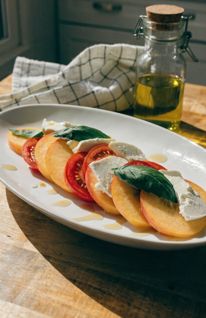 peach tomato caprese salad on a white platter with basil and mozzarella