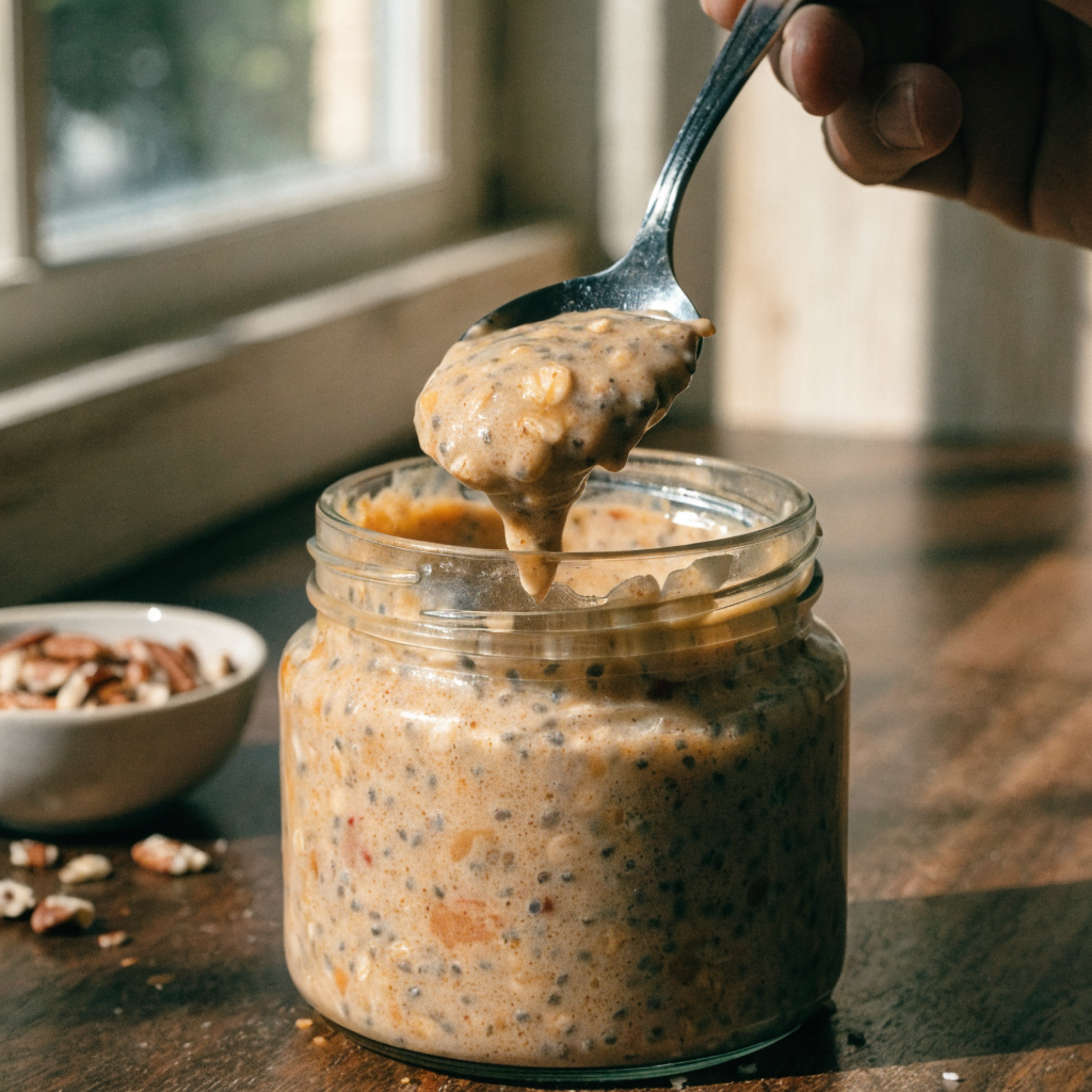 Close-up of pumpkin overnight oats (vegan, gluten-free)