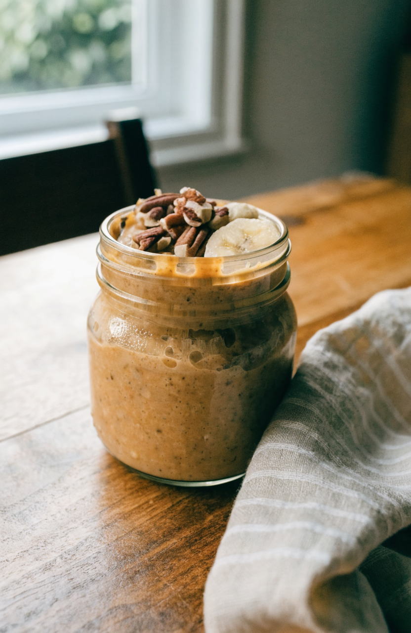 Jar of pumpkin overnight oats topped with pecans and banana