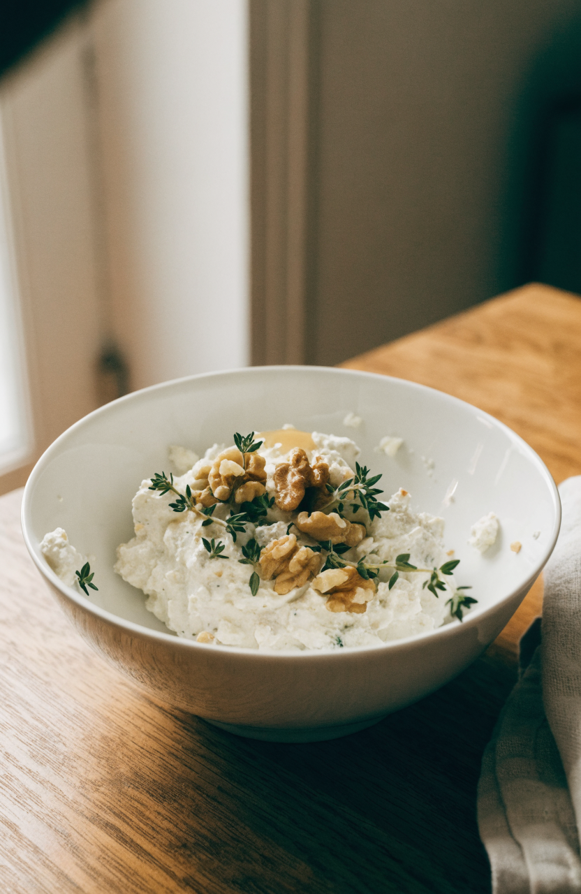 Pumpkin whipped feta dip in a white bowl with walnuts and thyme garnish