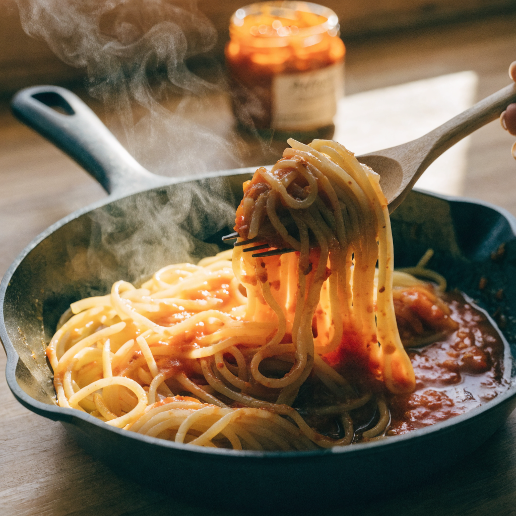 Close-up of spicy spaghetti squash noodles with quick tomato-chile sauce