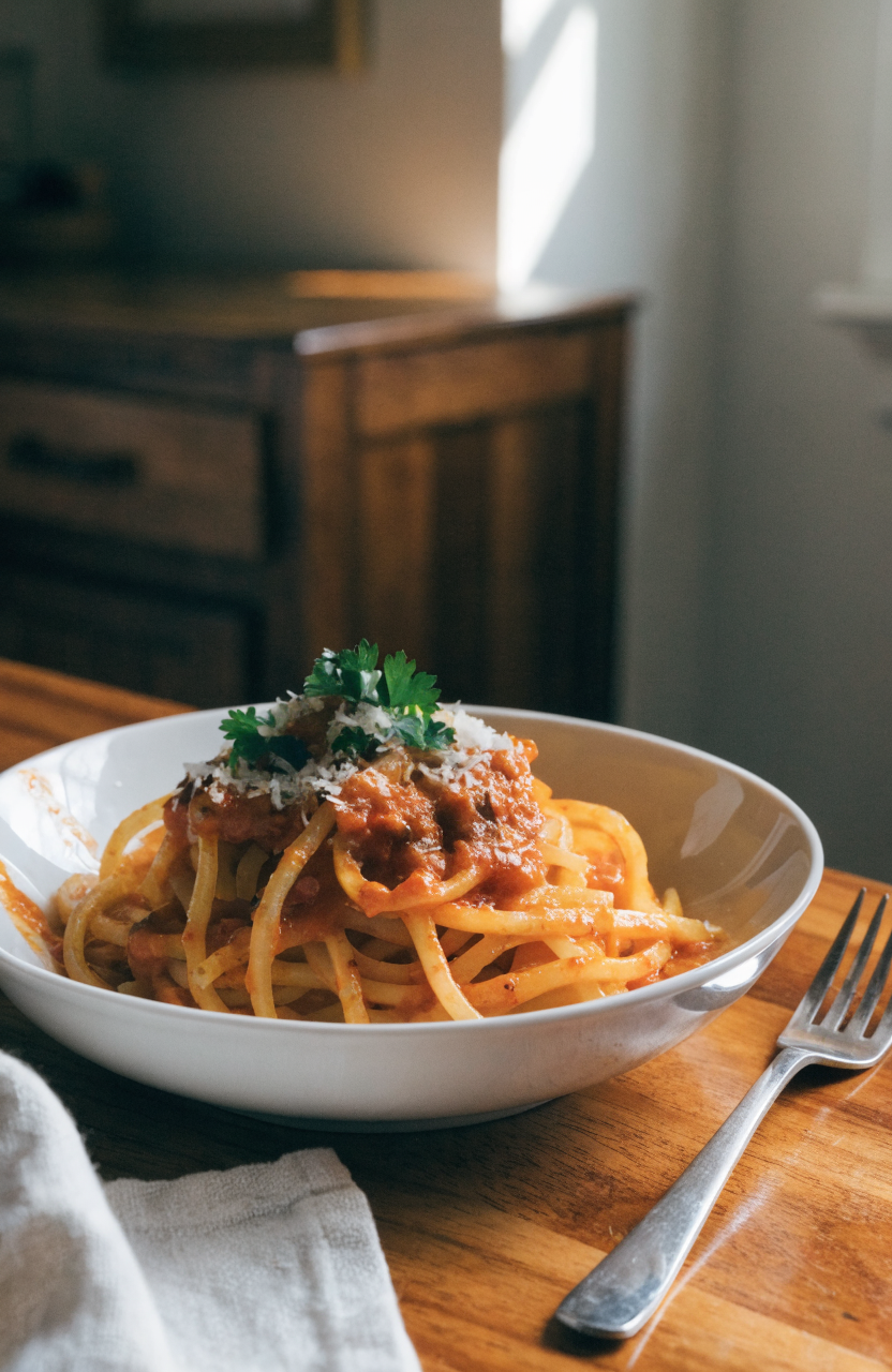 Roasted spicy spaghetti squash noodles tossed with tomato-chile sauce on a white shallow bowl