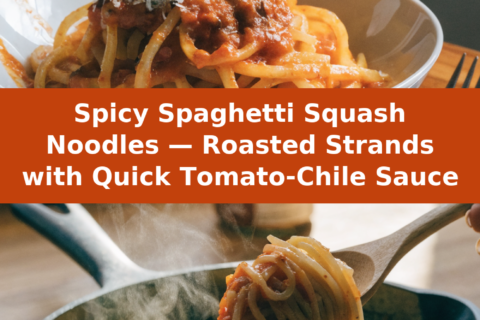 Spicy Spaghetti Squash Noodles — Roasted Strands with Quick Tomato-Chile Sauce Pinterest recipe pin