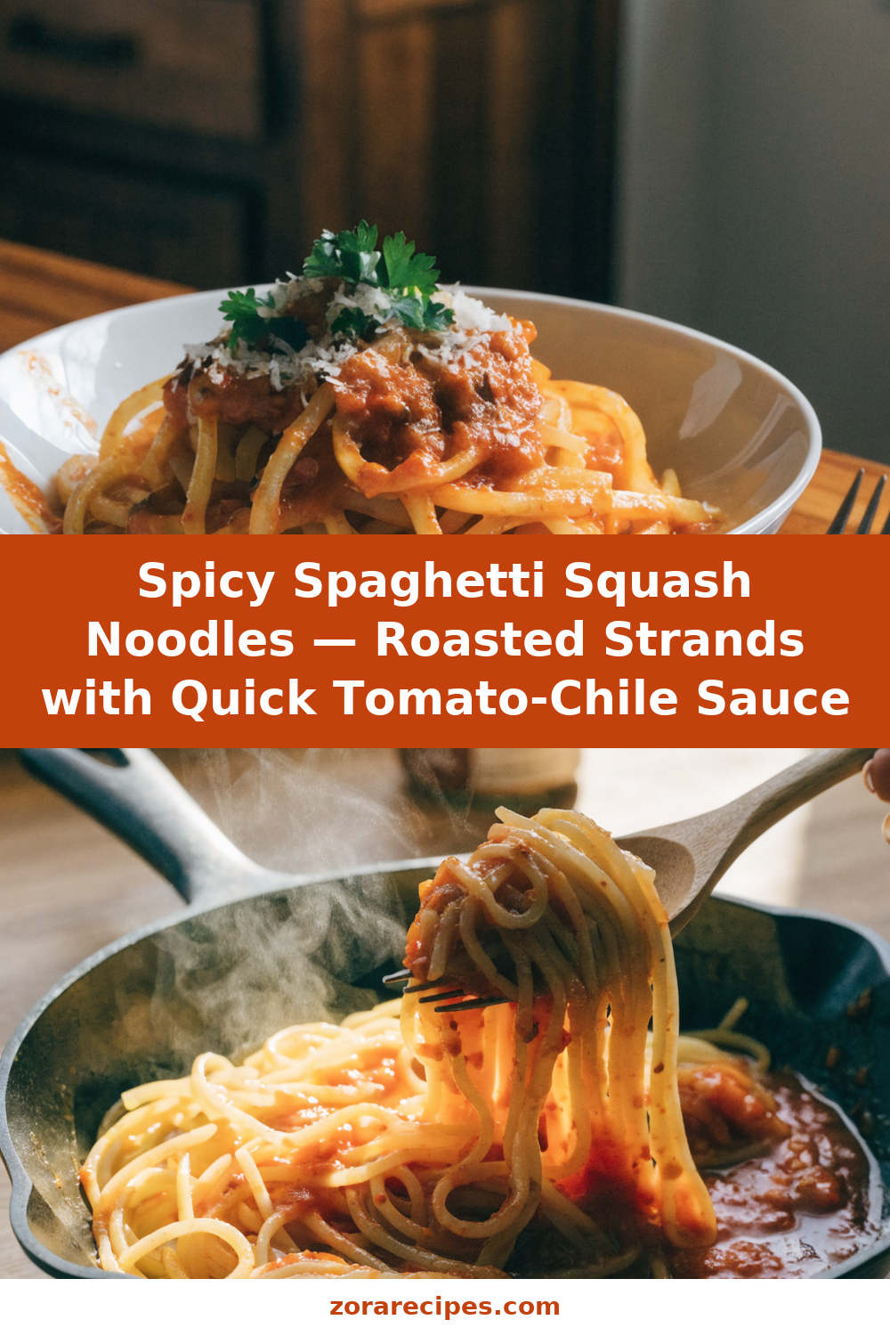 Spicy Spaghetti Squash Noodles — Roasted Strands with Quick Tomato-Chile Sauce Pinterest recipe pin