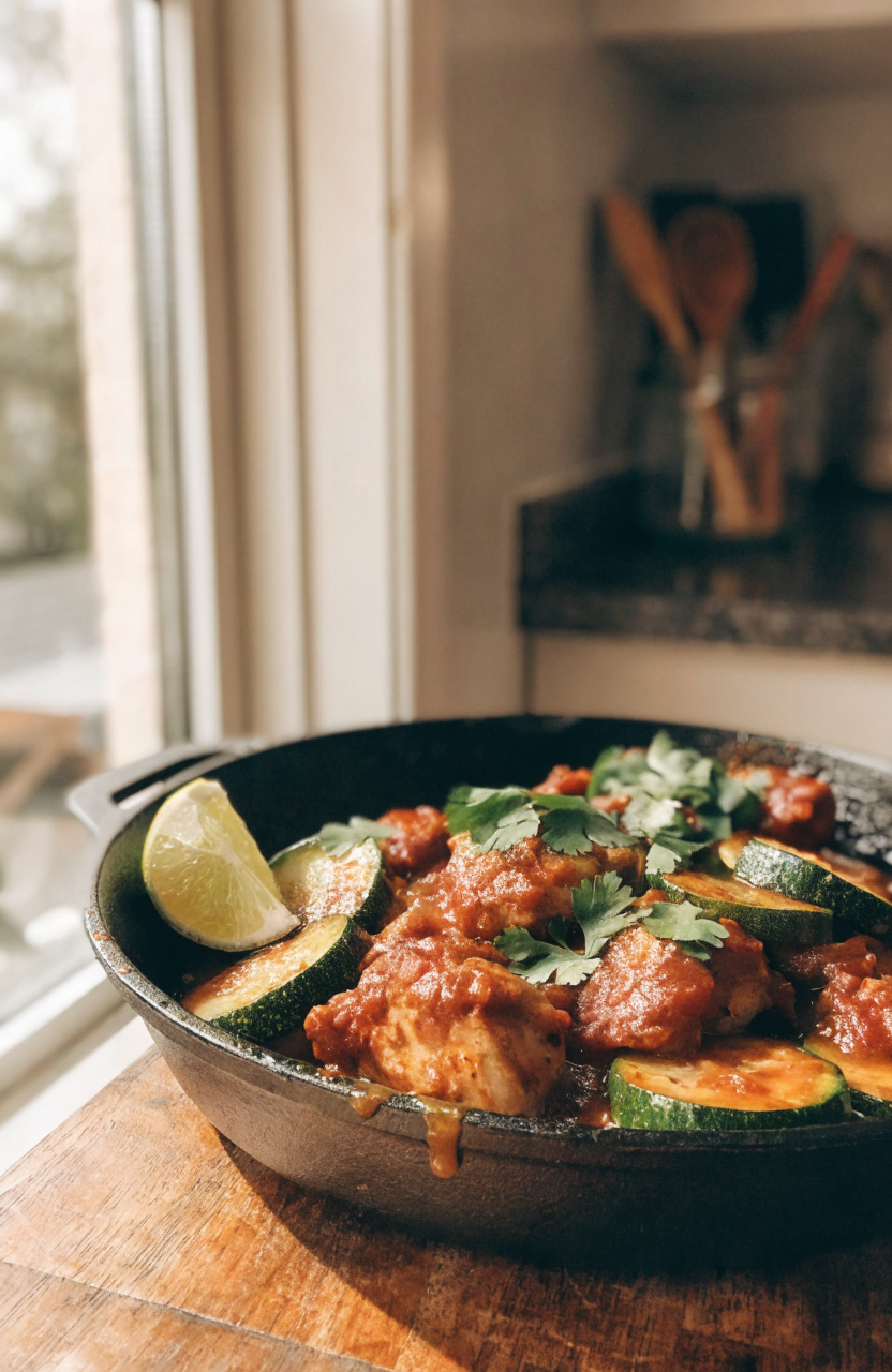 Skillet of Tex Mex chicken and zucchini with lime wedge and cilantro