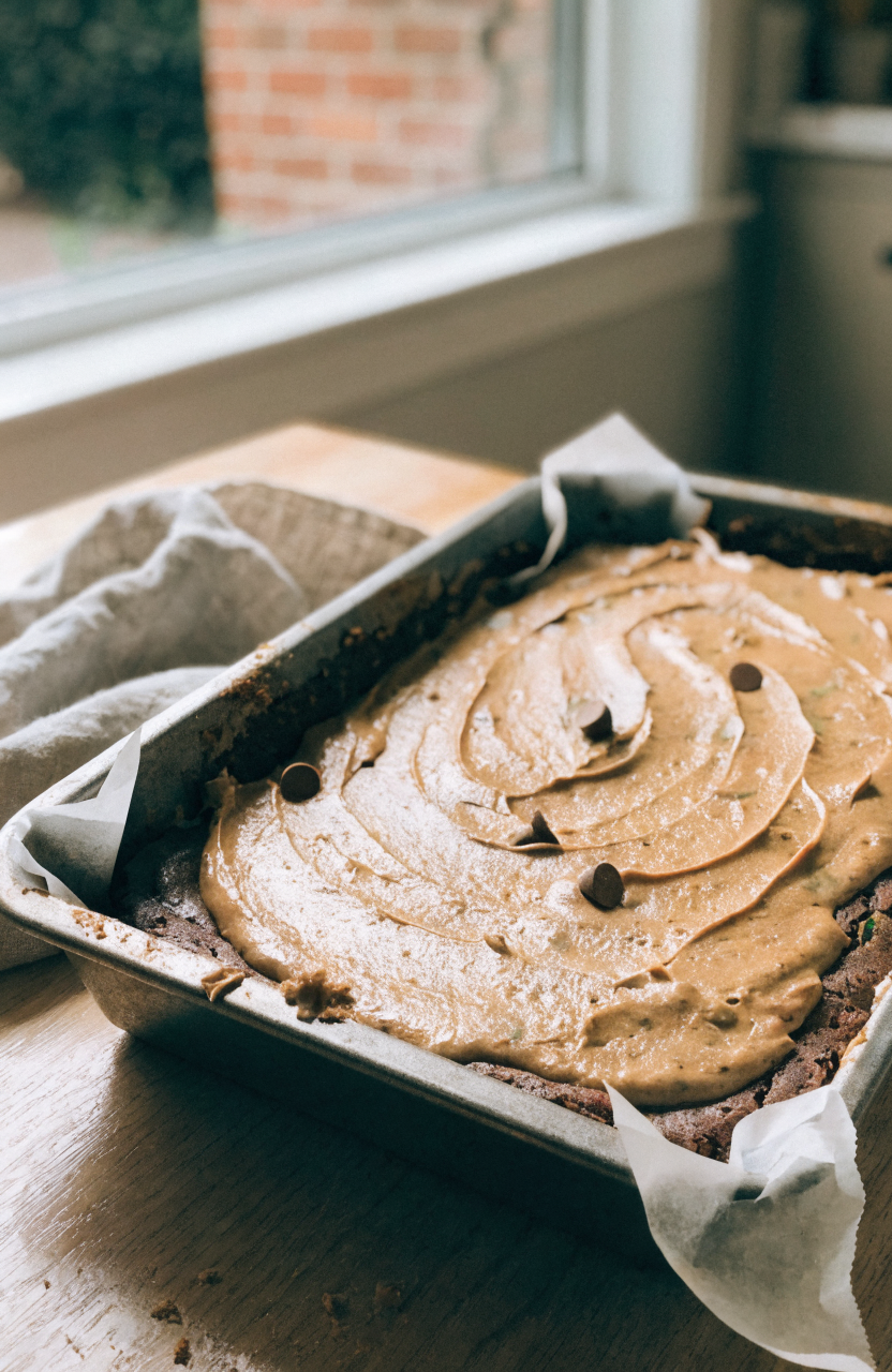 Pan of zucchini brownies with peanut-butter chocolate frosting showing a sliced square on parchment with frosting