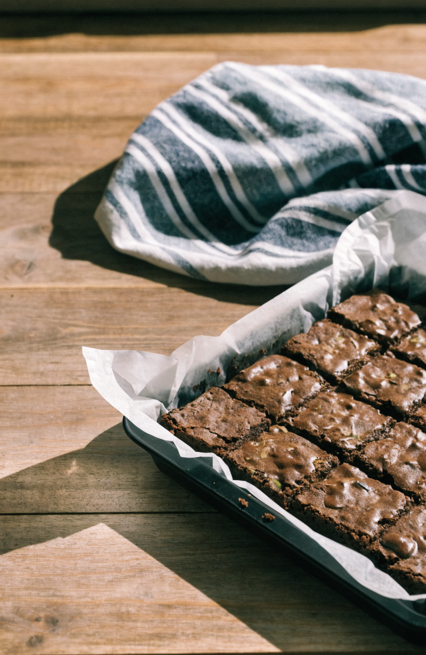 Fudgy zucchini brownies on a square plate with glossy chocolate glaze and a sprinkle of cocoa, visible in cross-section