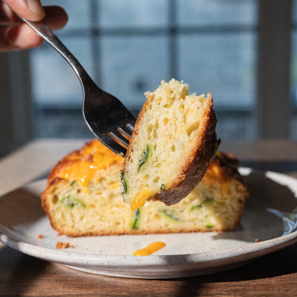 Close-up of zucchini cheese bread (moist, savory loaf)