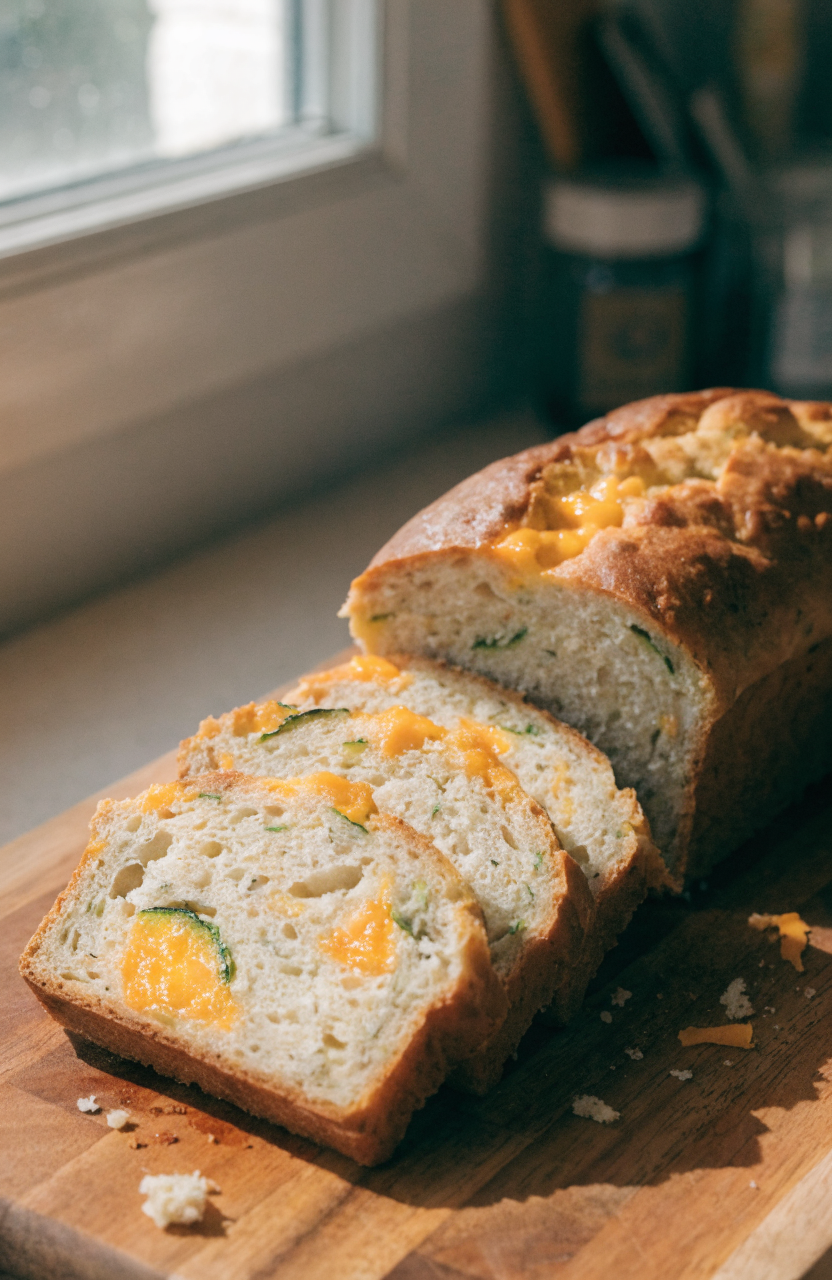 Loaf of zucchini cheese bread sliced on a wooden board with melted cheddar and fresh herb garnish