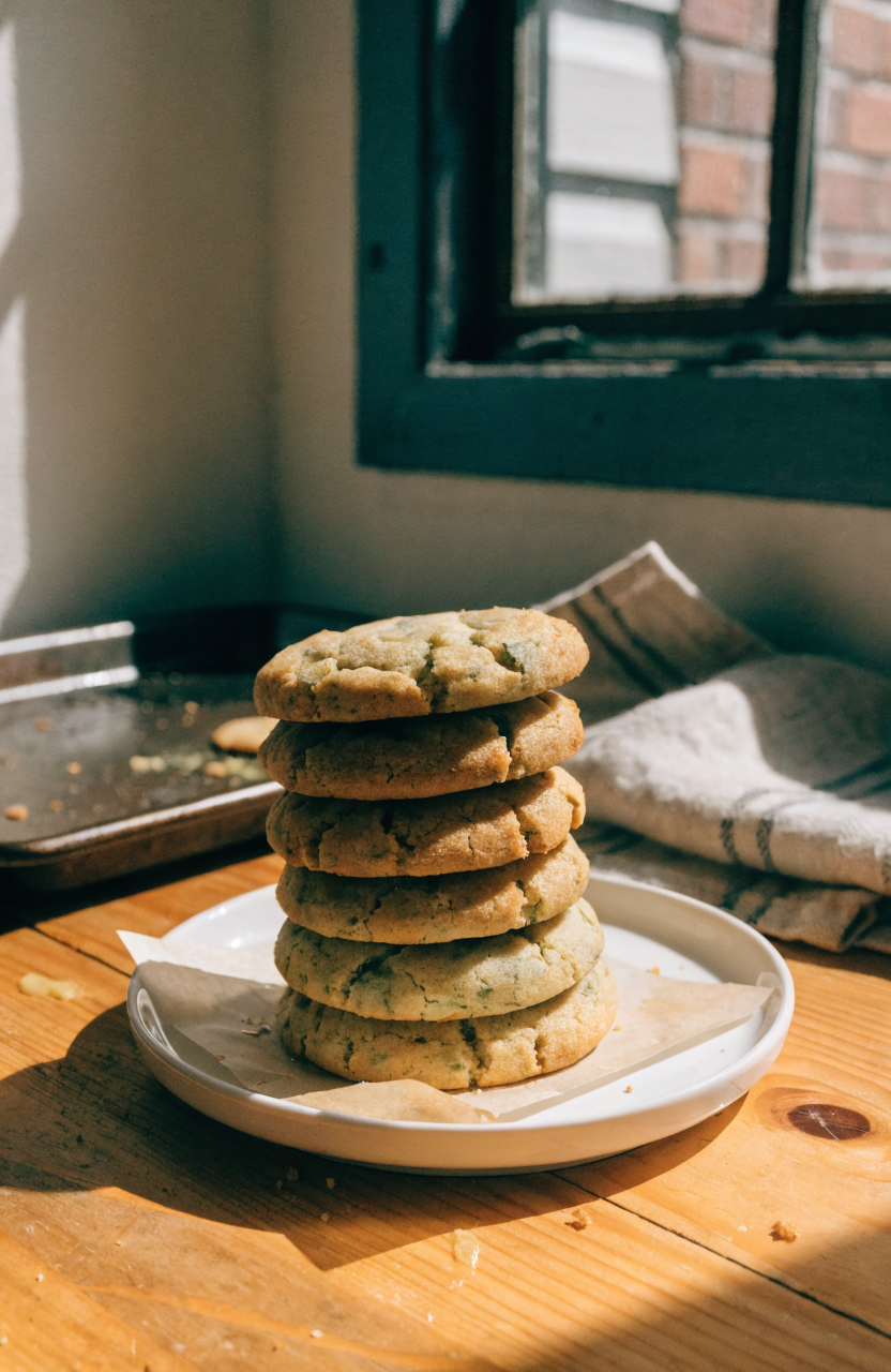 Plate of soft zucchini cookies with visible green flecks on a cooling rack